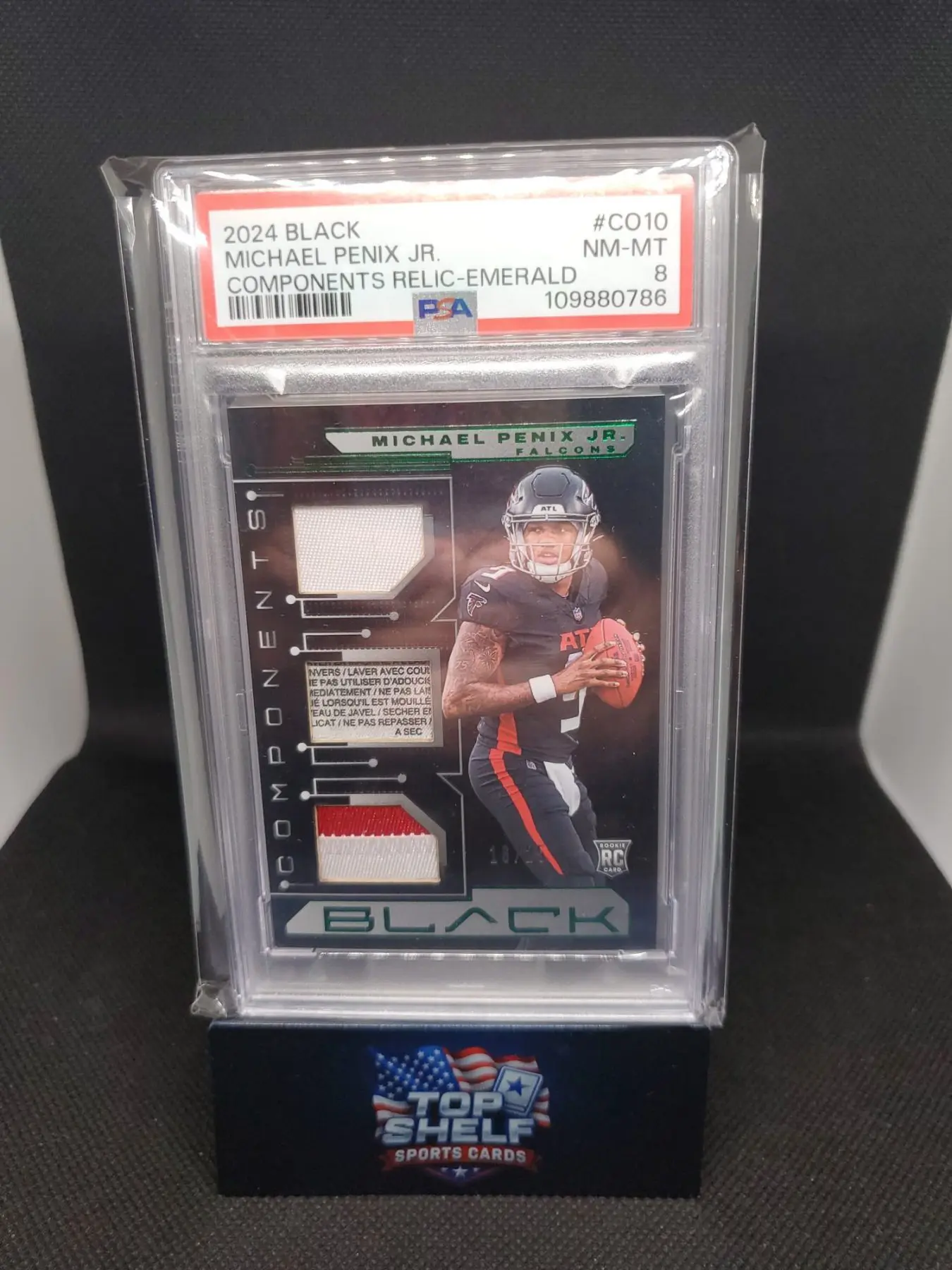 2024 Panini Black Michael Penix Jr. Emerald Components Relic Card RC /25 PSA8