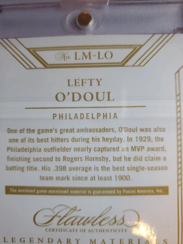 2023 Panini Flawless - Legendary Materials Lefty O'Doul #LM-LO Ruby /20 (MEM) - Image 4