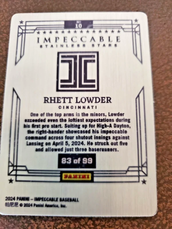 2024 Panini Impeccable - Stainless Stars Rhett Lowder #10 /99 (RC) - Image 2