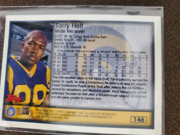 1999 Topps Season Opener - 1999 NFL Draft Pick Torry Holt #146 (RC) - Image 2