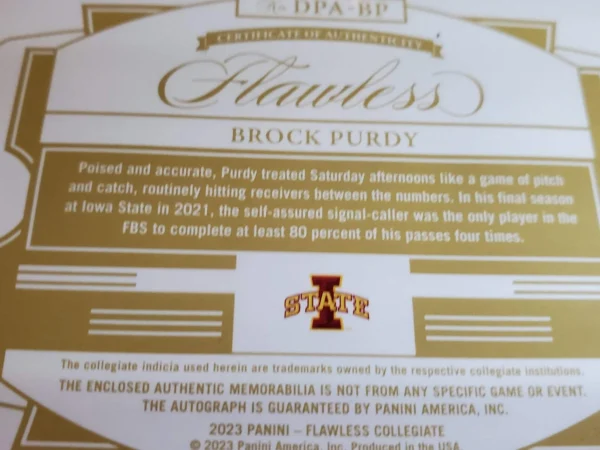 2023 Panini Flawless Collegiate - Dual Patch Autographs Brock Purdy #DPA-4 Ruby - Image 3