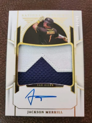Jackson Merrill 2024 National Treasures Patch On Card Auto #8/49. Padres