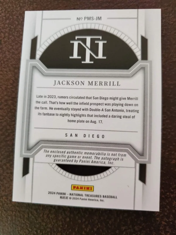 Jackson Merrill 2024 National Treasures Patch On Card Auto #8/49. Padres - Image 5