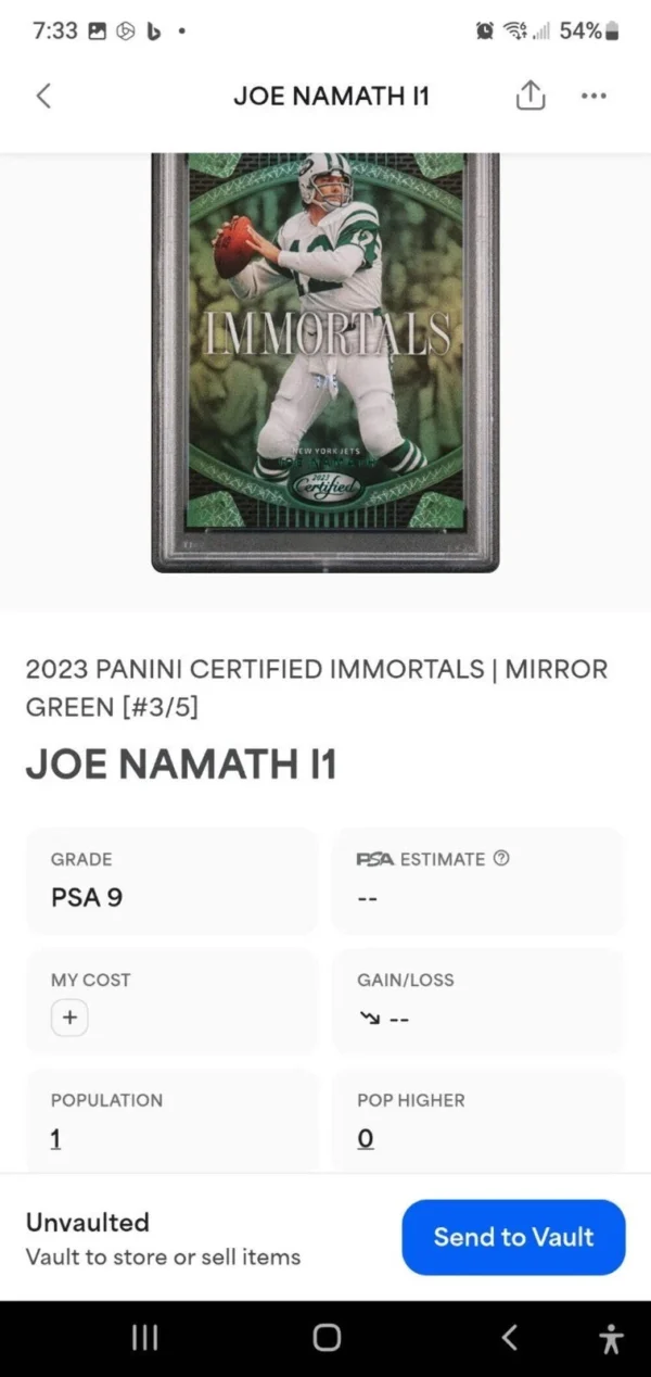 2023 Certified Joe Namath Immortals Mirror Green /5 - Image 2